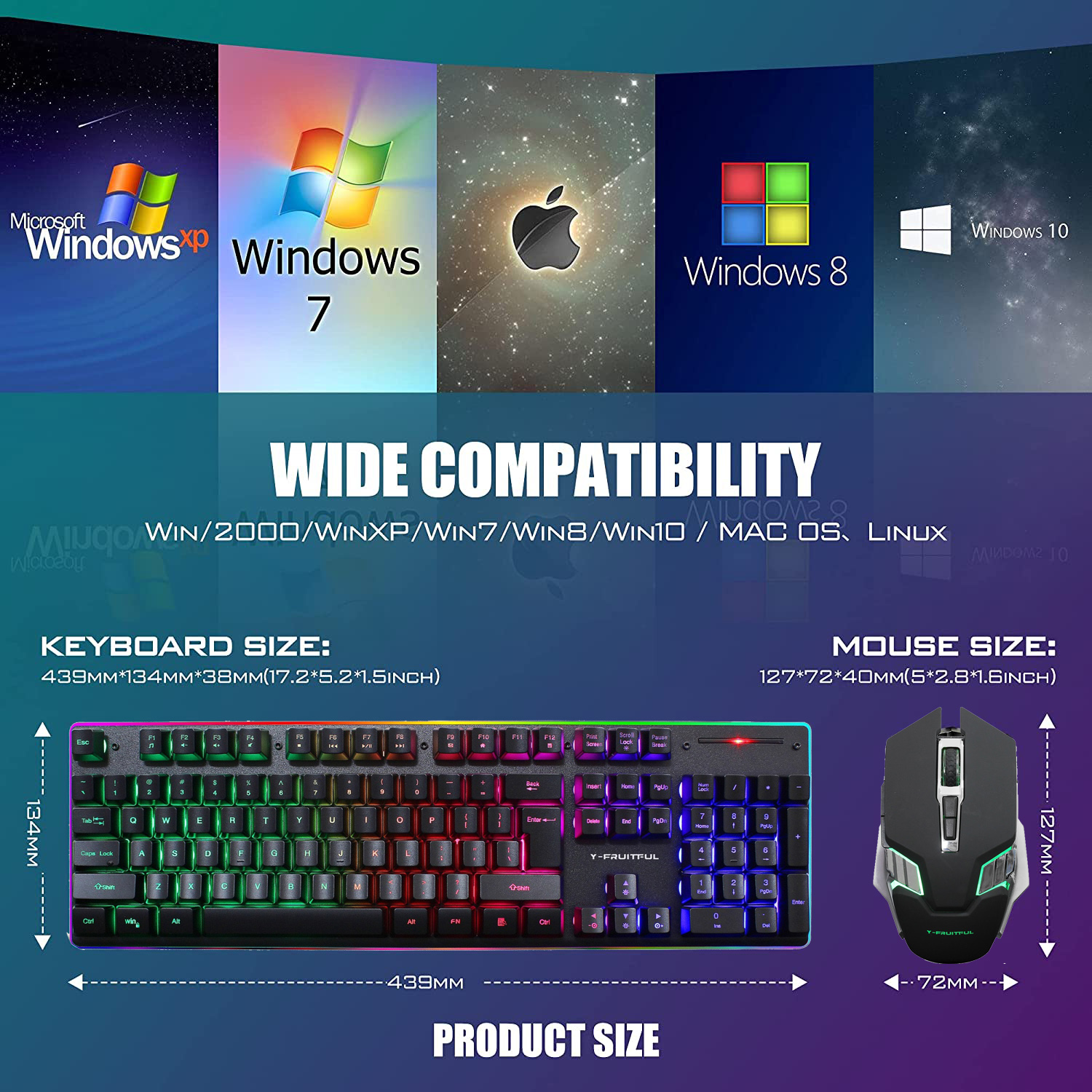 Tastiera e mouse RGB con loghi Windows e dettagli sulle dimensioni.