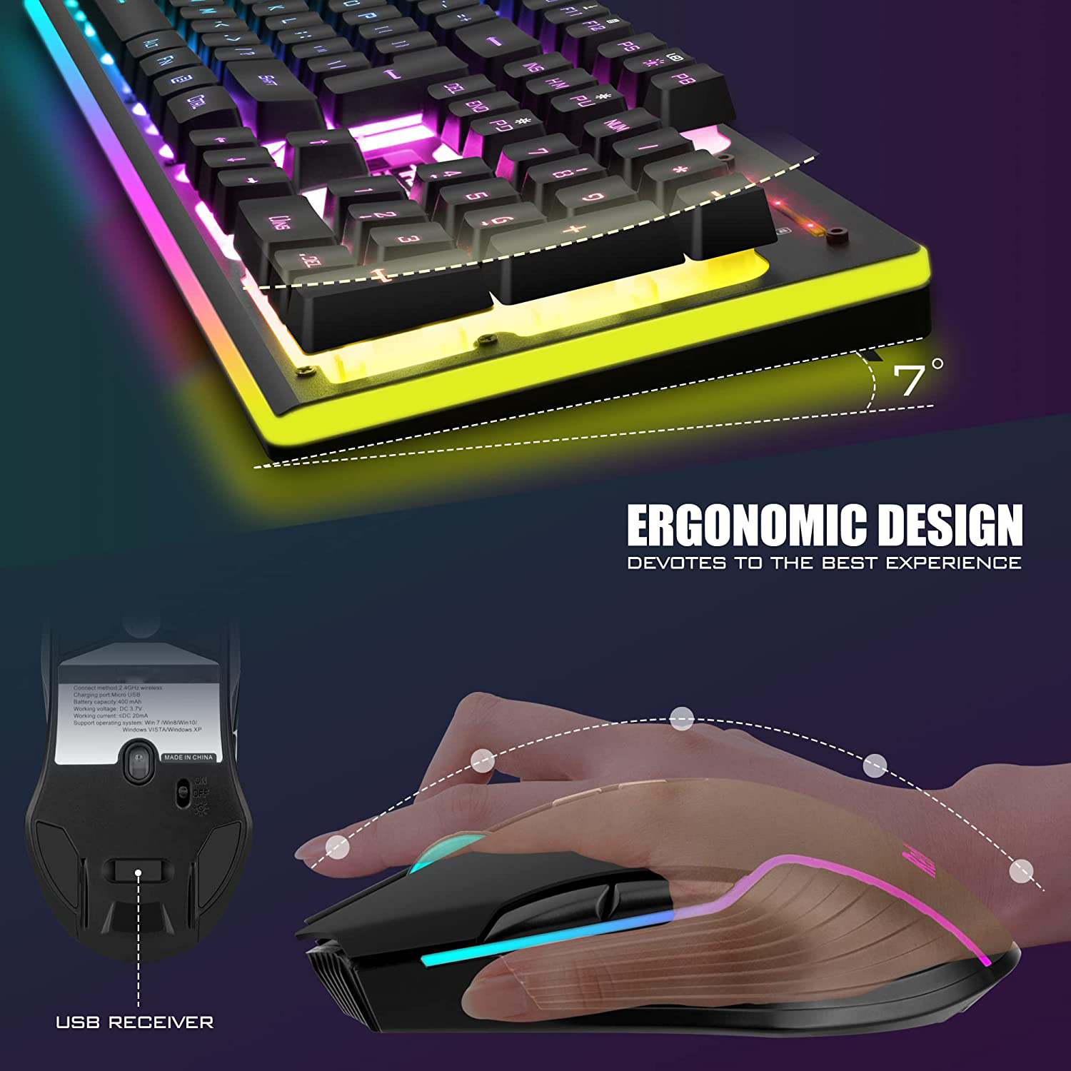 Design ergonomico: Tastiera con illuminazione RGB e un mouse in uso.