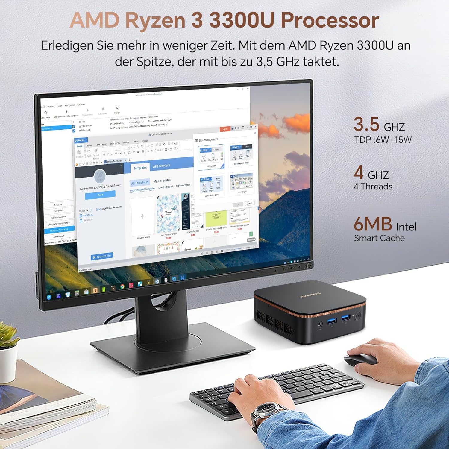 Desktop-PC mit Monitor, Tastatur, Maus und AMD Ryzen 3 3300U.
