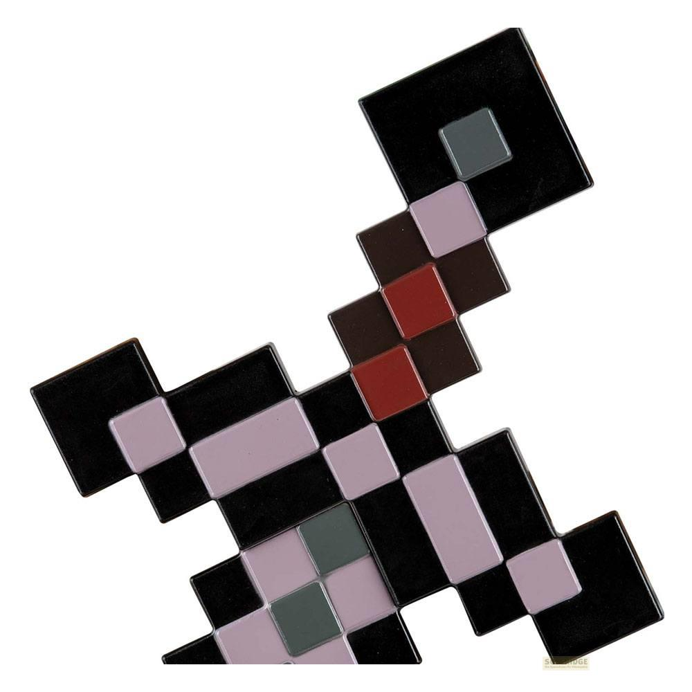 Ein pixeliges Schwert mit schwarzen, lila, braunen und roten Quadraten.