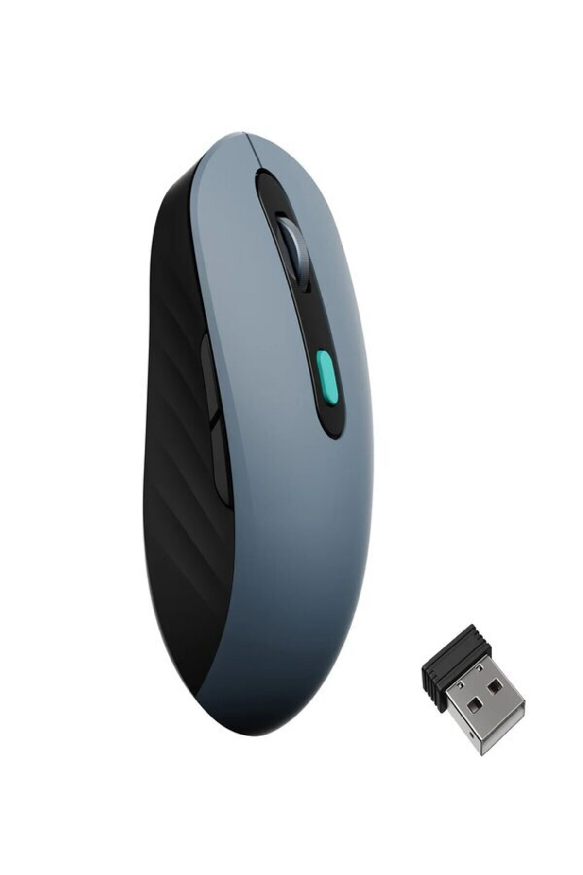 Siyah yan ve USB dongle'lı gri bilgisayar faresi.