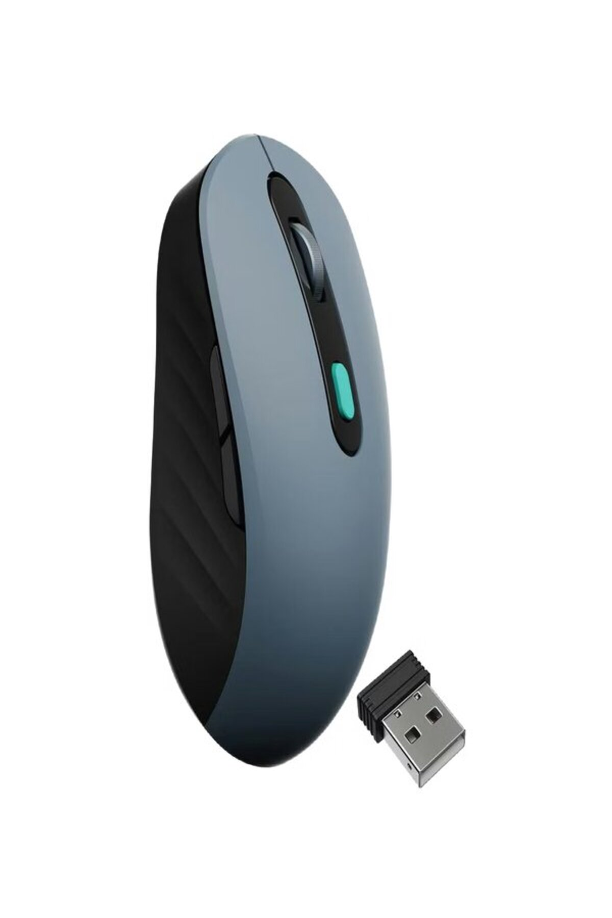 Siyah yan ve USB dongle'lı gri bilgisayar faresi.