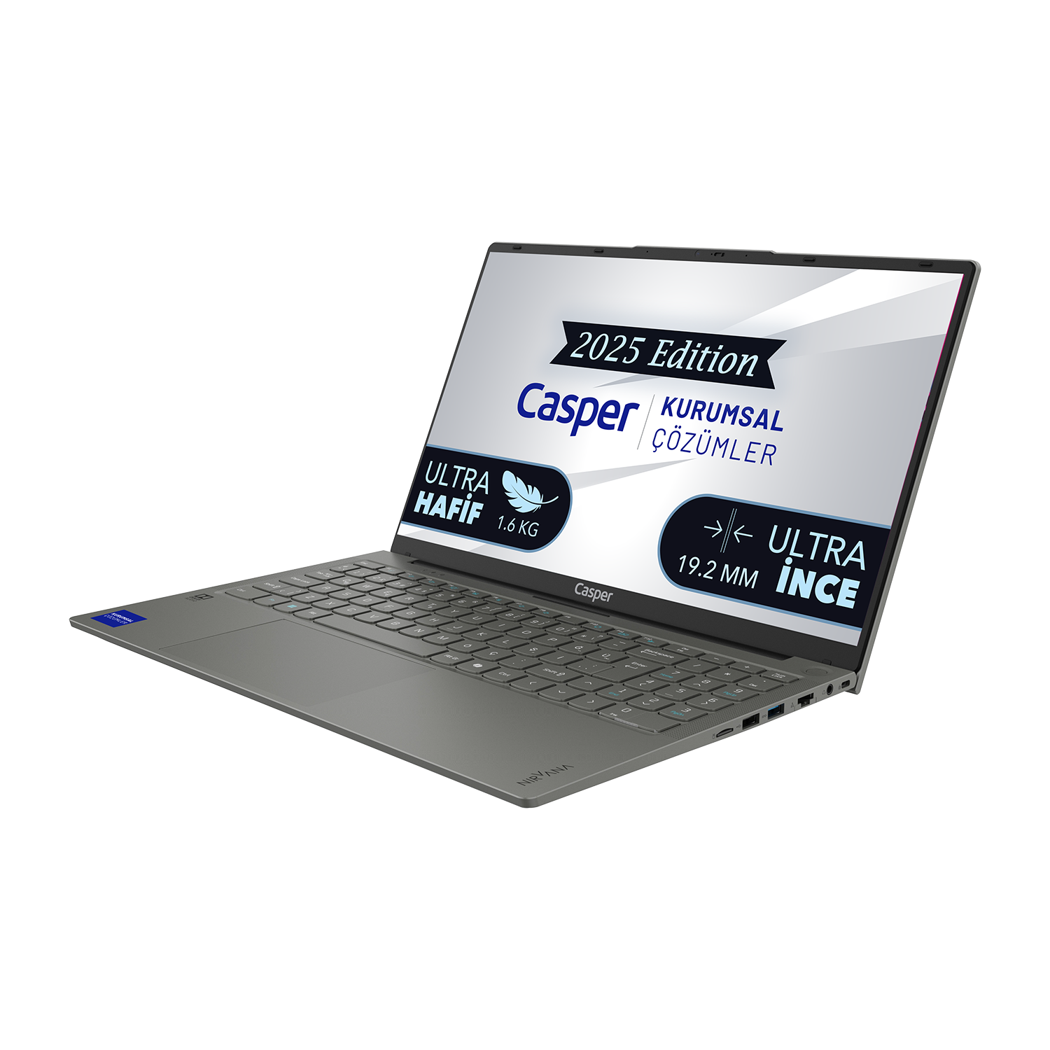 Gri Casper dizüstü bilgisayar, "2025 Edition" ve "ULTRA HAFİF 1.6 KG" yazılı.