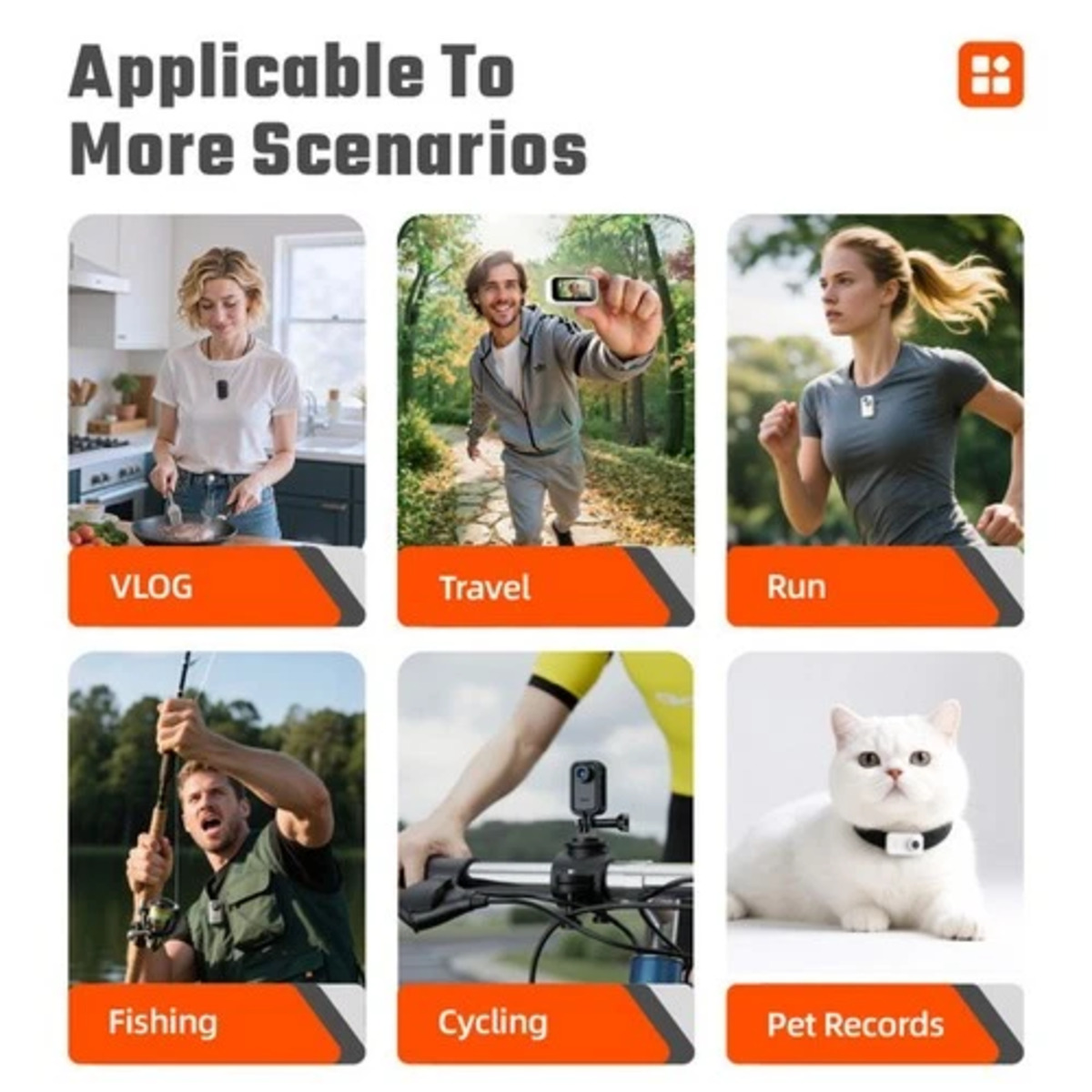Seis escenarios: Vlogging, Viajes, Correr, Pescar, Ciclismo, Registros de mascotas.