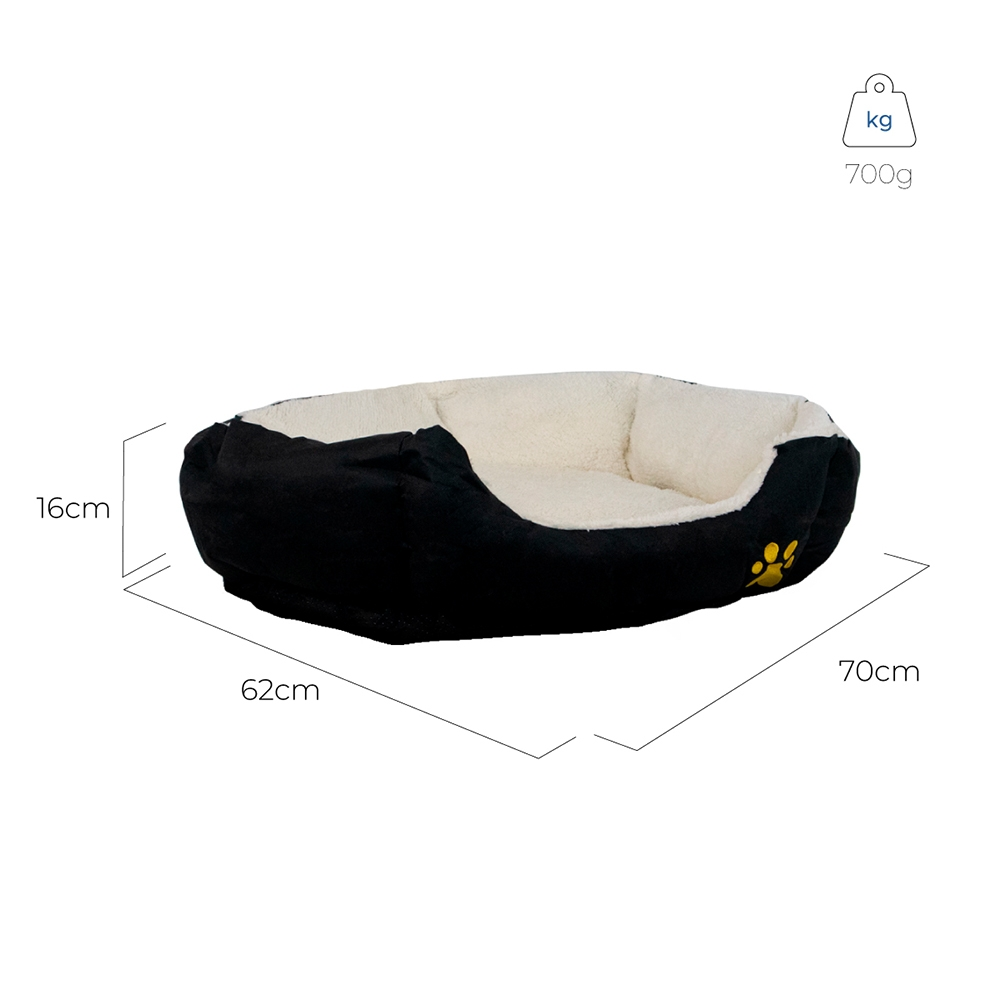 Cama negra para perro con interior crema, mide 70x62x16cm, pesa 700g.