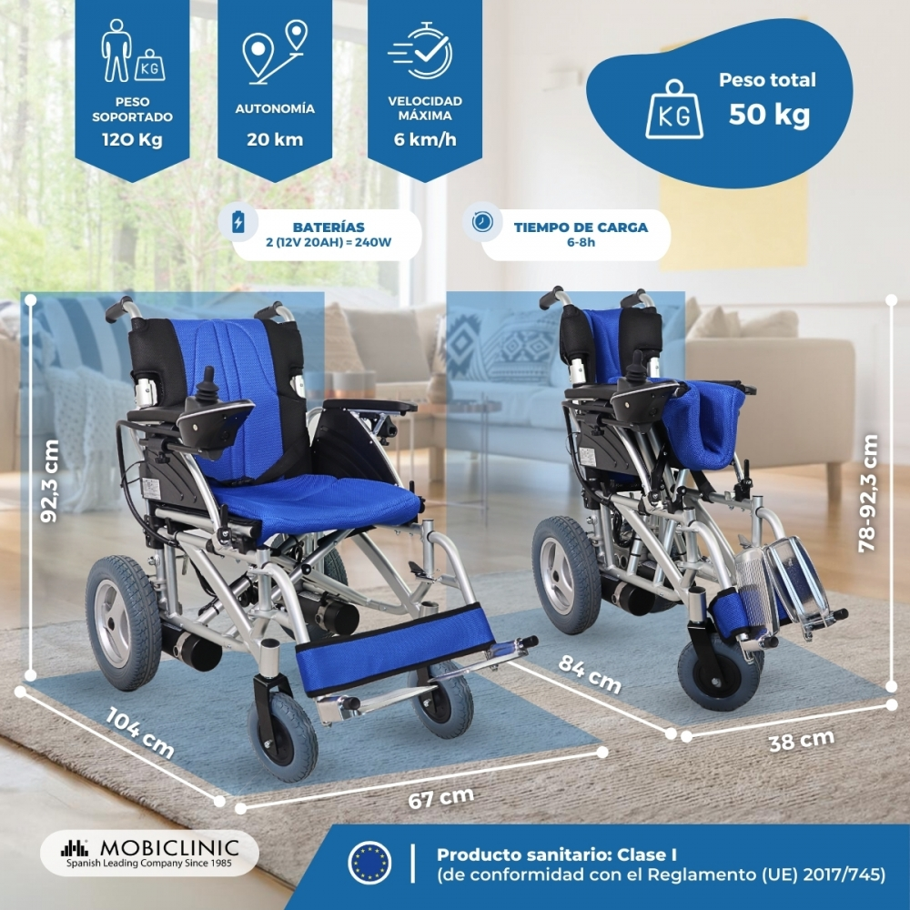 Dos sillas de ruedas eléctricas azules con medidas y especificaciones.