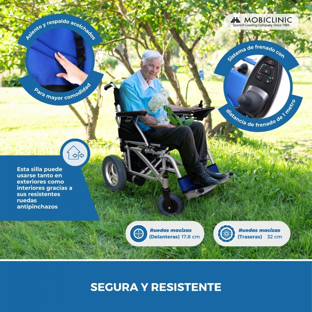 Un anciano en silla de ruedas eléctrica en el césped. Primeros planos de cojines, controles y ruedas.