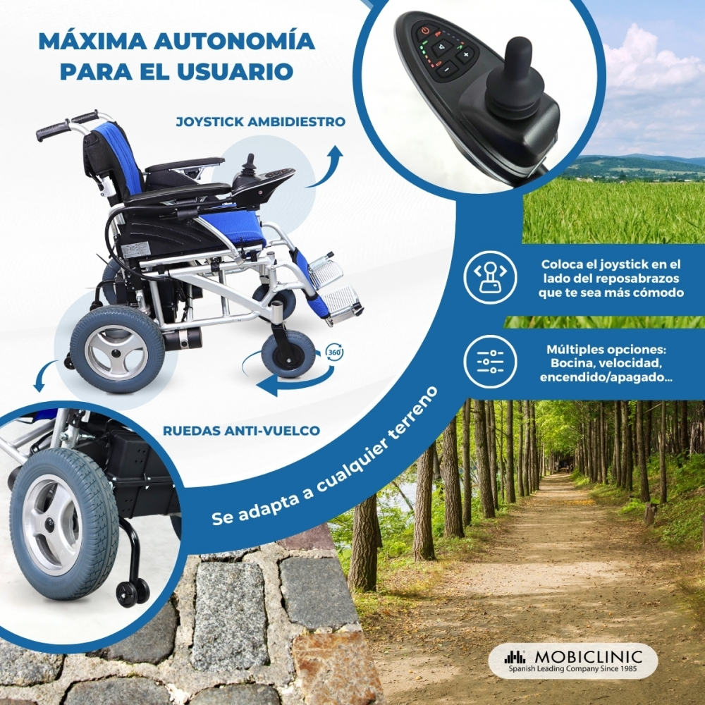 Silla de ruedas eléctrica con joystick ambidiestro y ruedas antivuelco.