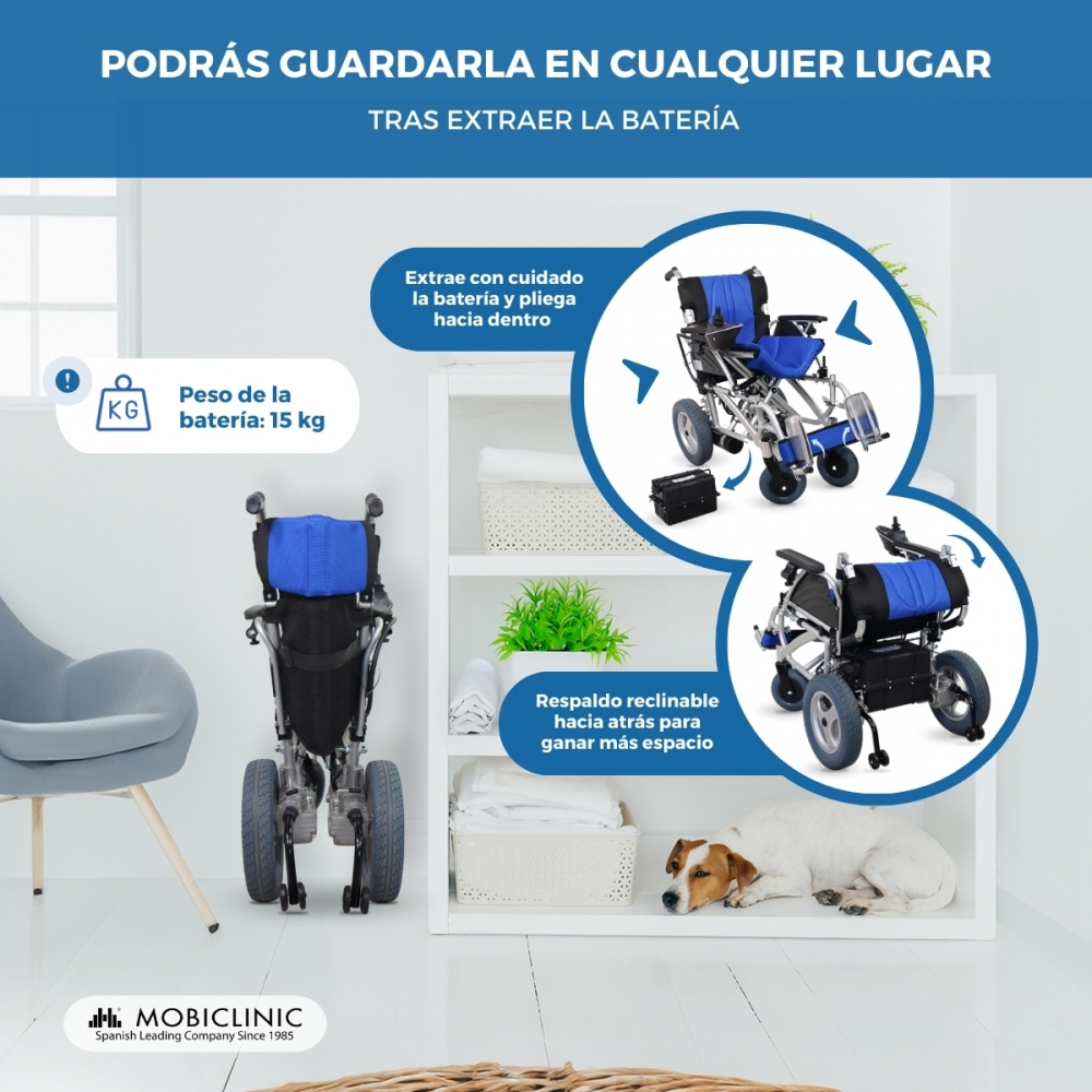 Se muestra una silla de ruedas eléctrica, junto con una batería de 15 kg.