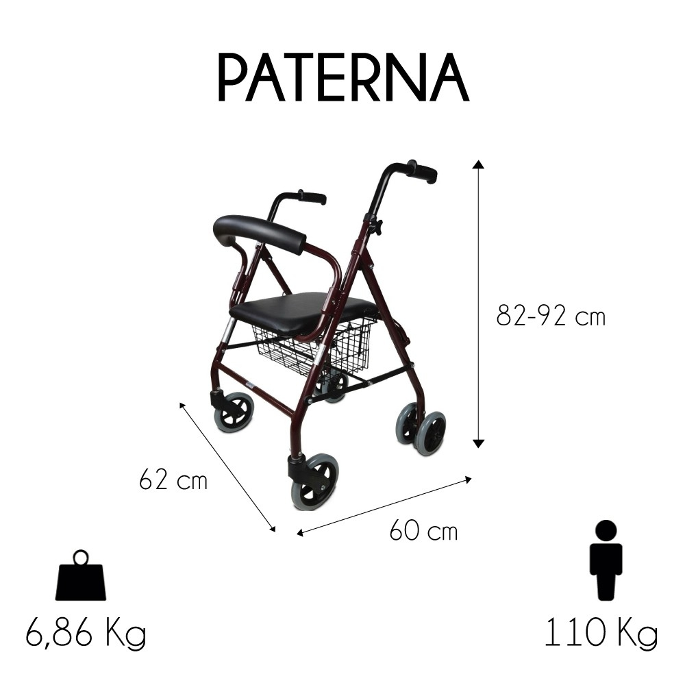 Andador rojo con asiento, cesta y asas. Se muestran las dimensiones.