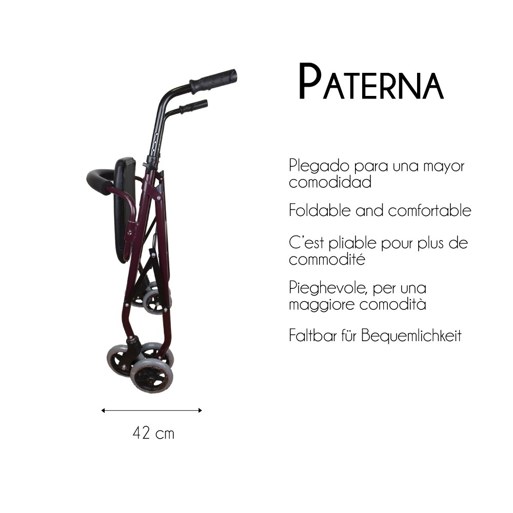 Un andador plegable burdeos con asiento y 4 ruedas.