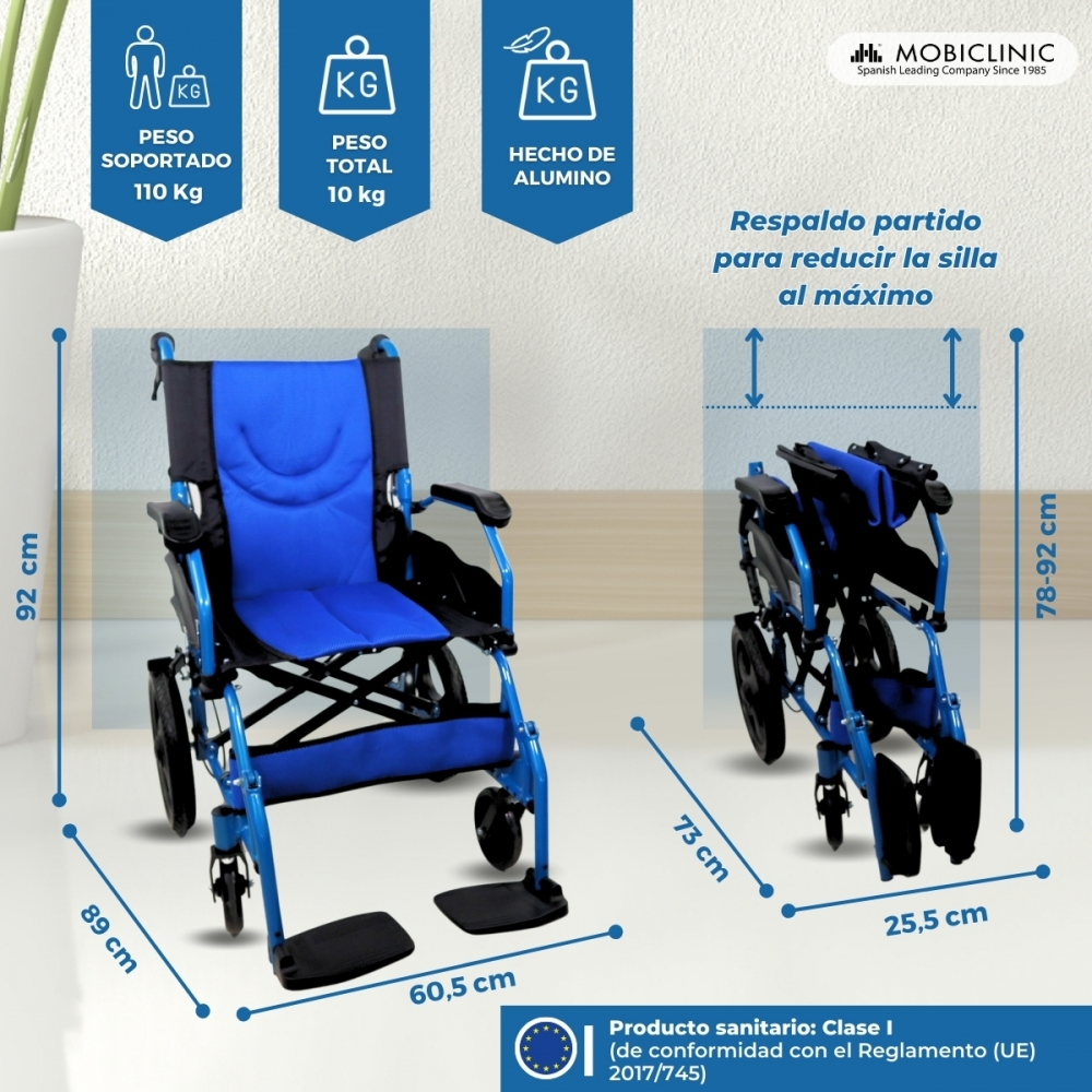 Una silla de ruedas plegable azul y negra con medidas y logo.