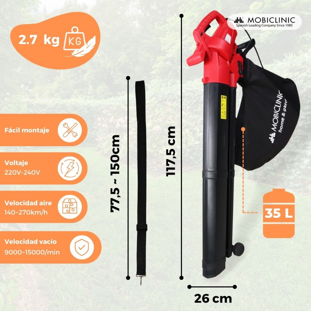 Un soplador de hojas rojo con bolsa de recogida negra y medidas. Peso 2,7 kg.