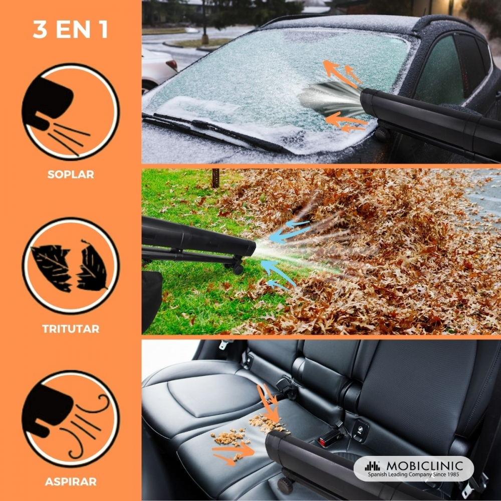 Un dispositivo 3 en 1 limpia nieve, tritura hojas y aspira el interior del coche.