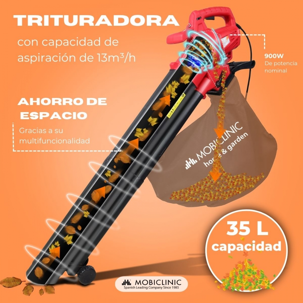 Un soplador de hojas aspira hojas a una bolsa. 900W, capacidad 35L.