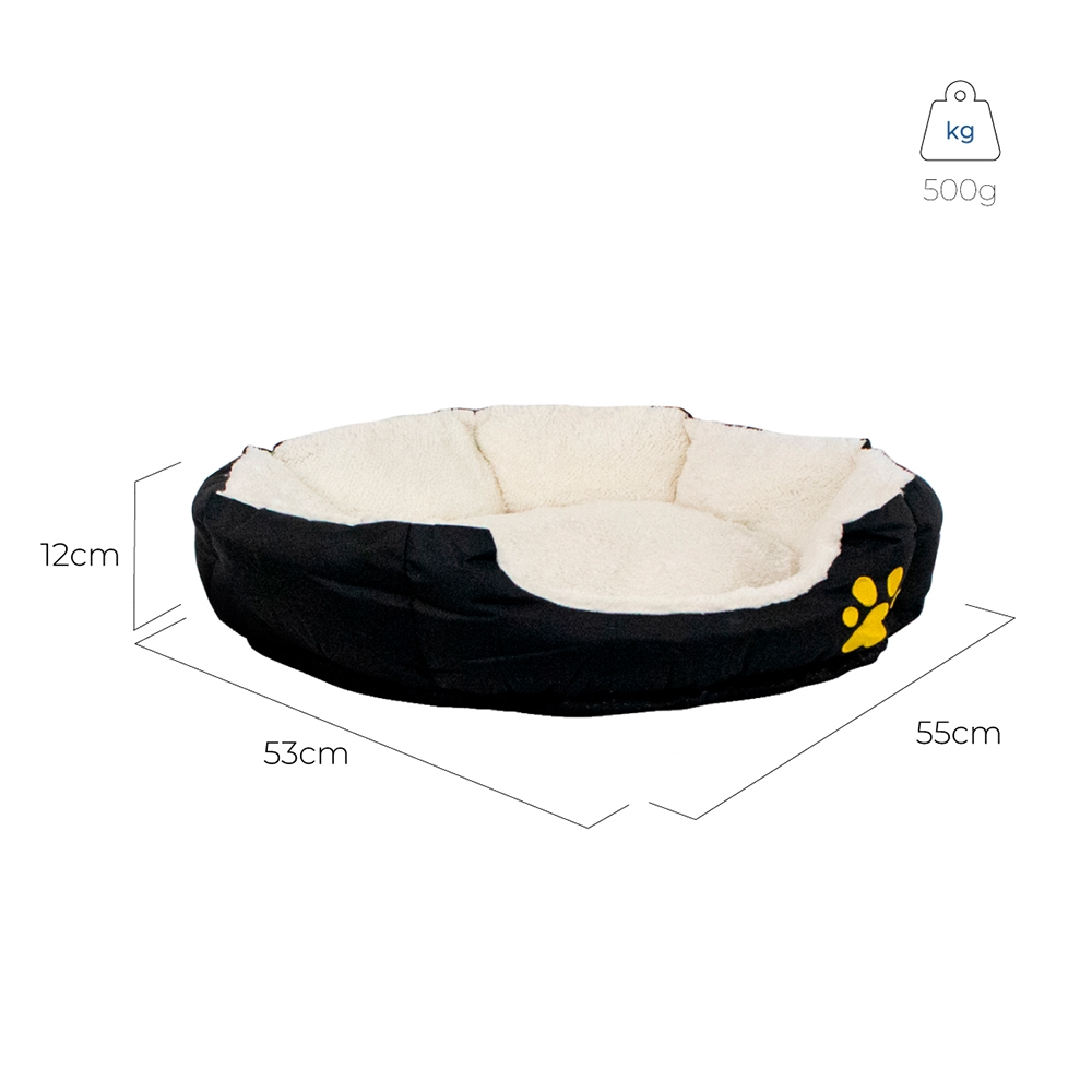 Cama negra para perro con interior crema. Medidas: 53x55x12cm. Peso: 500g.