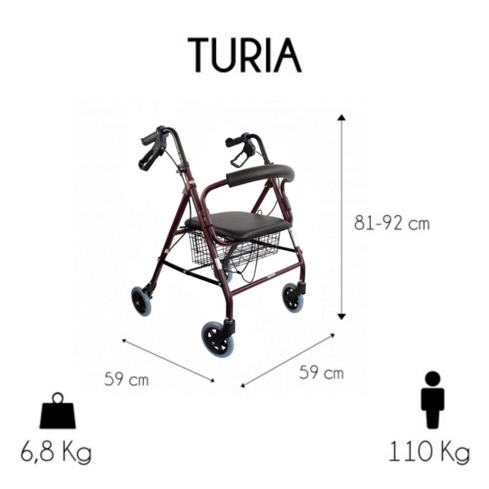 Un andador granate con asiento, cesta y dimensiones (81-92cm A, 59cm An).