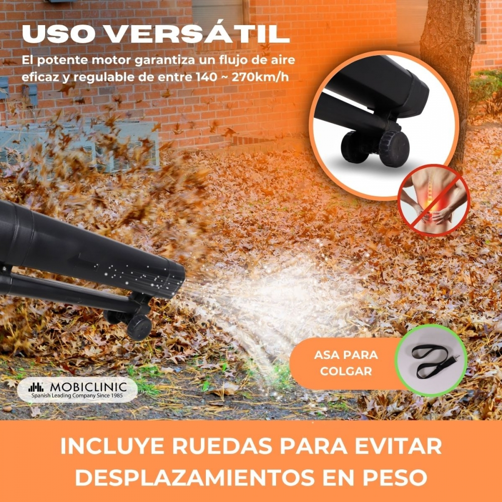 Un soplador de hojas limpia hojas en el suelo. Se ven una rueda y un gancho.