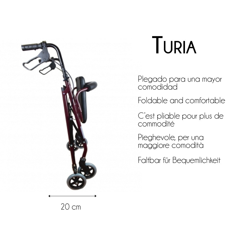 Un andador rojo plegado con asiento y asas, de 20 cm de ancho.