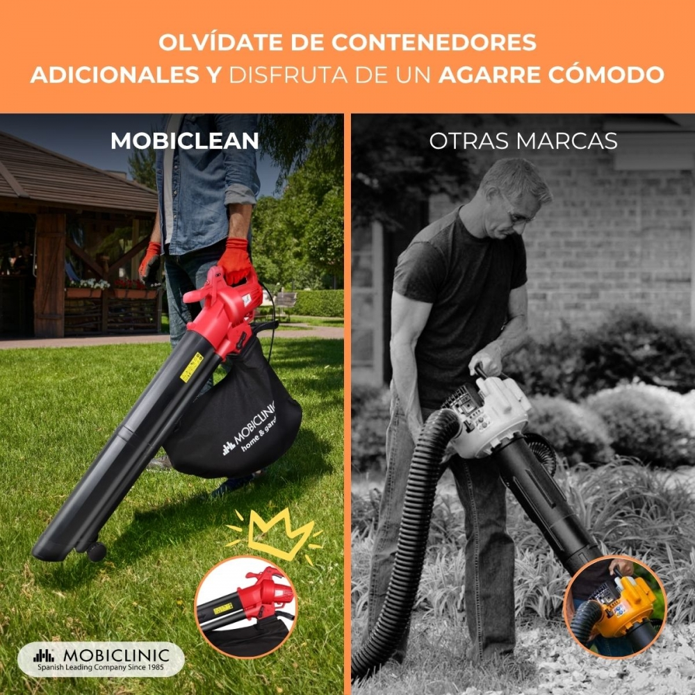 Hombre con soplador de hojas rojo a la izquierda, hombre con soplador gris a la derecha.