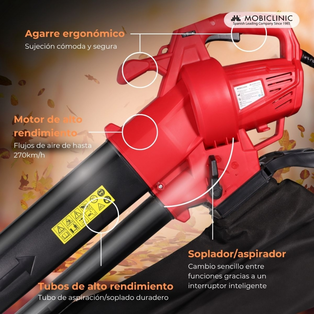 Soplador de hojas rojo con tubo negro, bolsa recolectora y mango ergonómico.