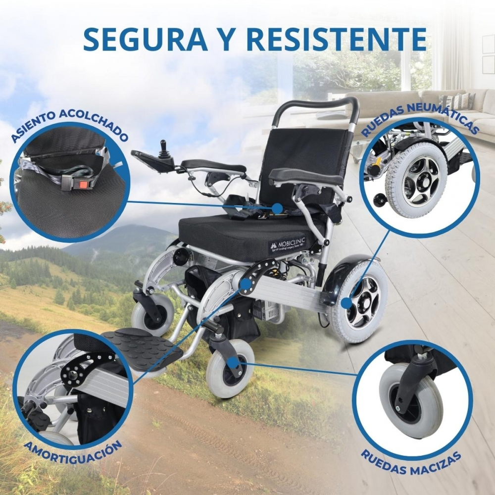 Una silla de ruedas eléctrica con acolchado, suspensión y ruedas neumáticas y macizas.