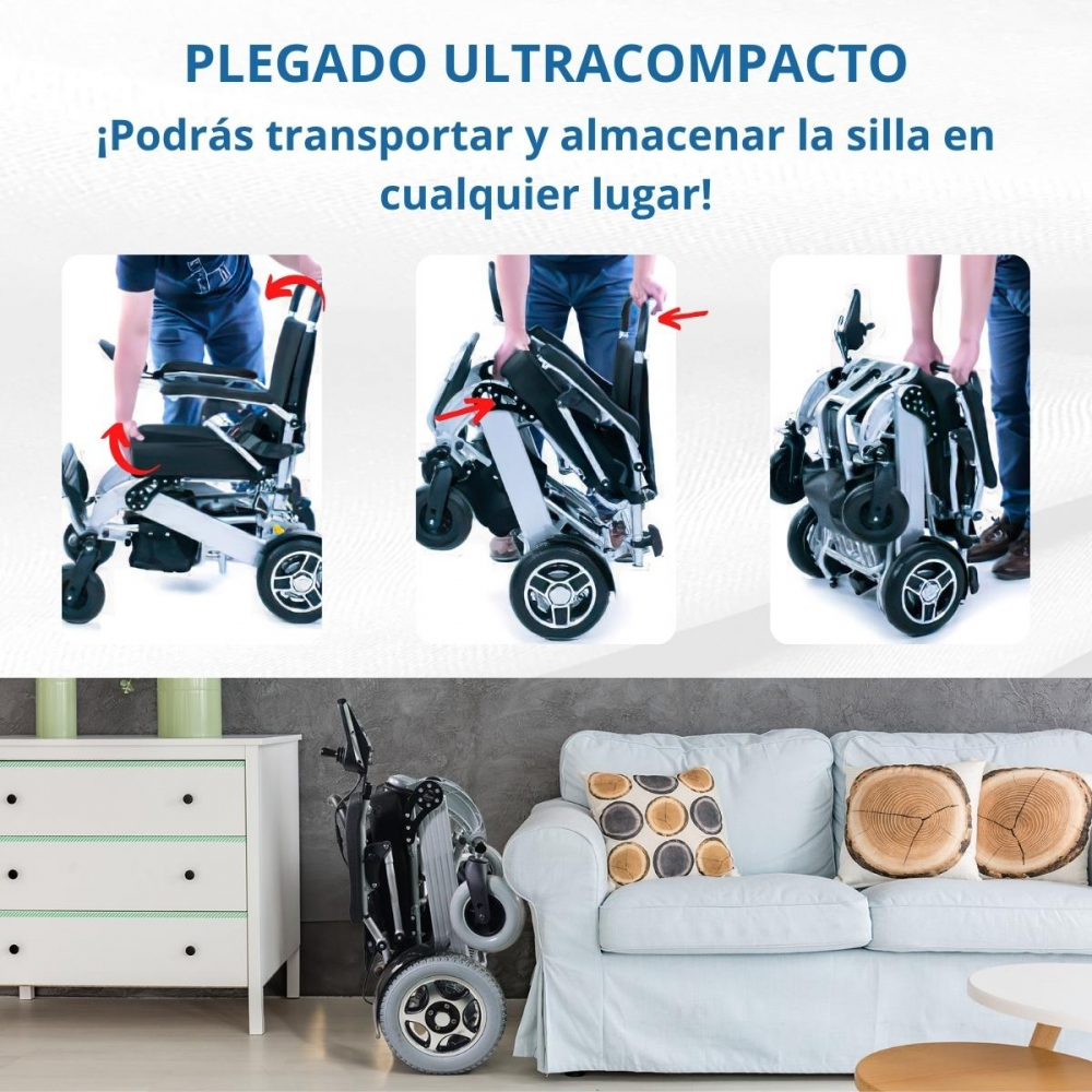Una silla de ruedas se pliega paso a paso. Es compacta y fácil de transportar.