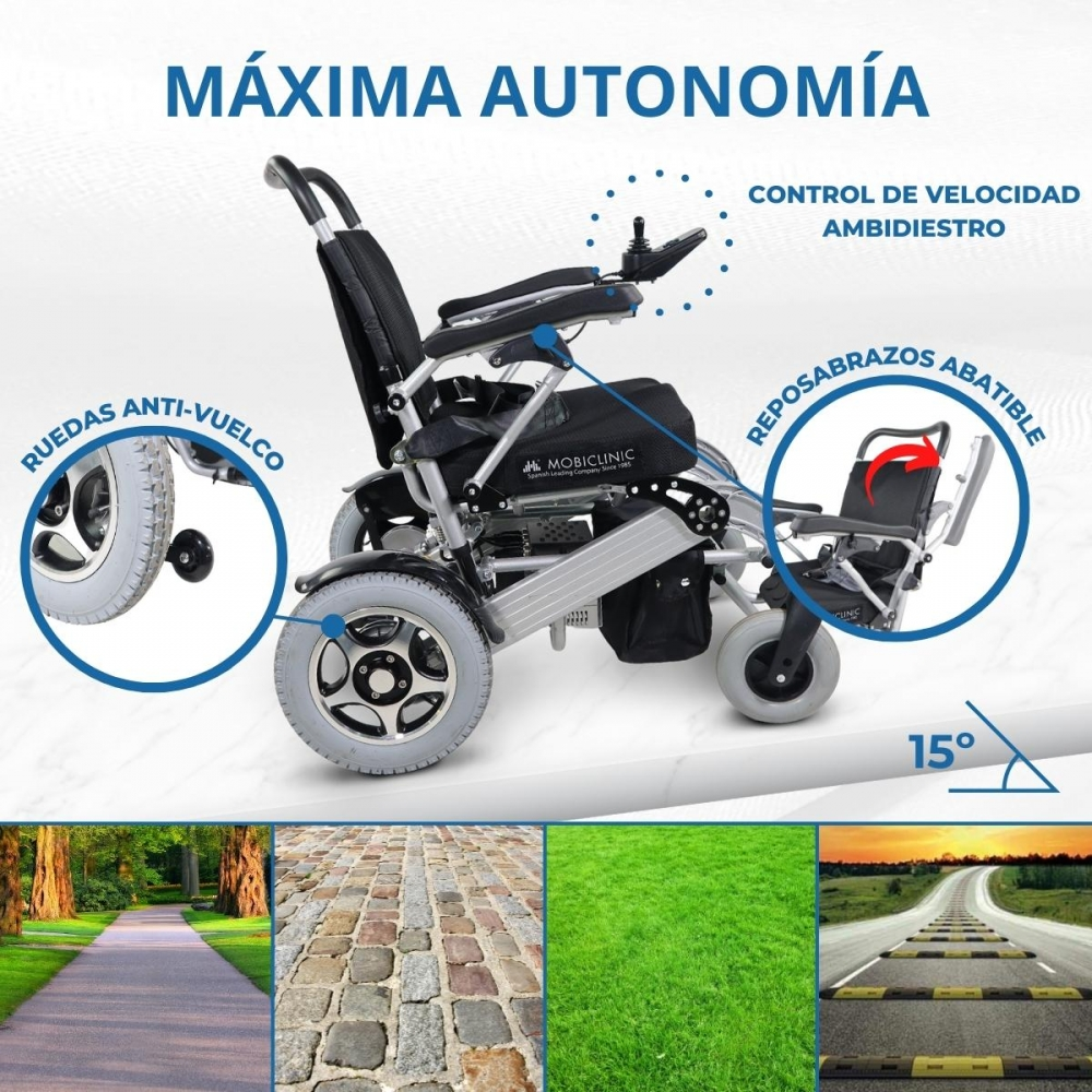 Una silla de ruedas eléctrica con ruedas antivuelco, reposabrazos abatibles y control de velocidad.