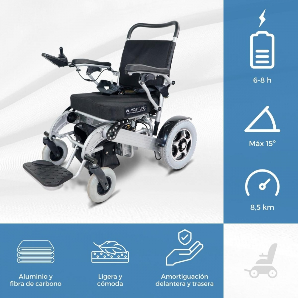 Silla de ruedas eléctrica con joystick, indicador de batería, pendiente y alcance.