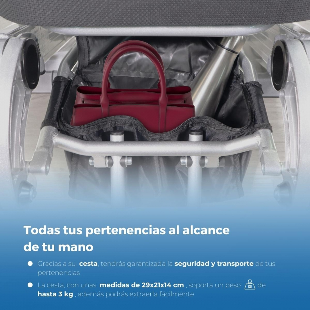 Un bolso rojo oscuro y una botella de agua en una cesta bajo una silla de ruedas.