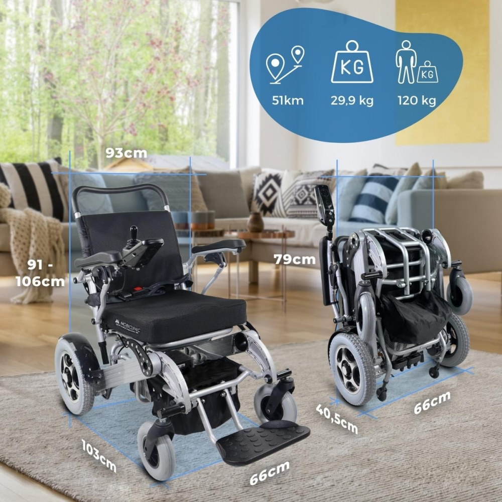 Una silla de ruedas eléctrica abierta y plegada con dimensiones y especificaciones.
