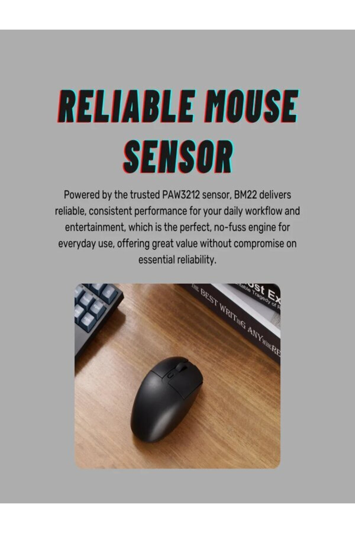 Czarna mysz i klawiatura na drewnianym biurku. "RELIABLE MOUSE SENSOR".