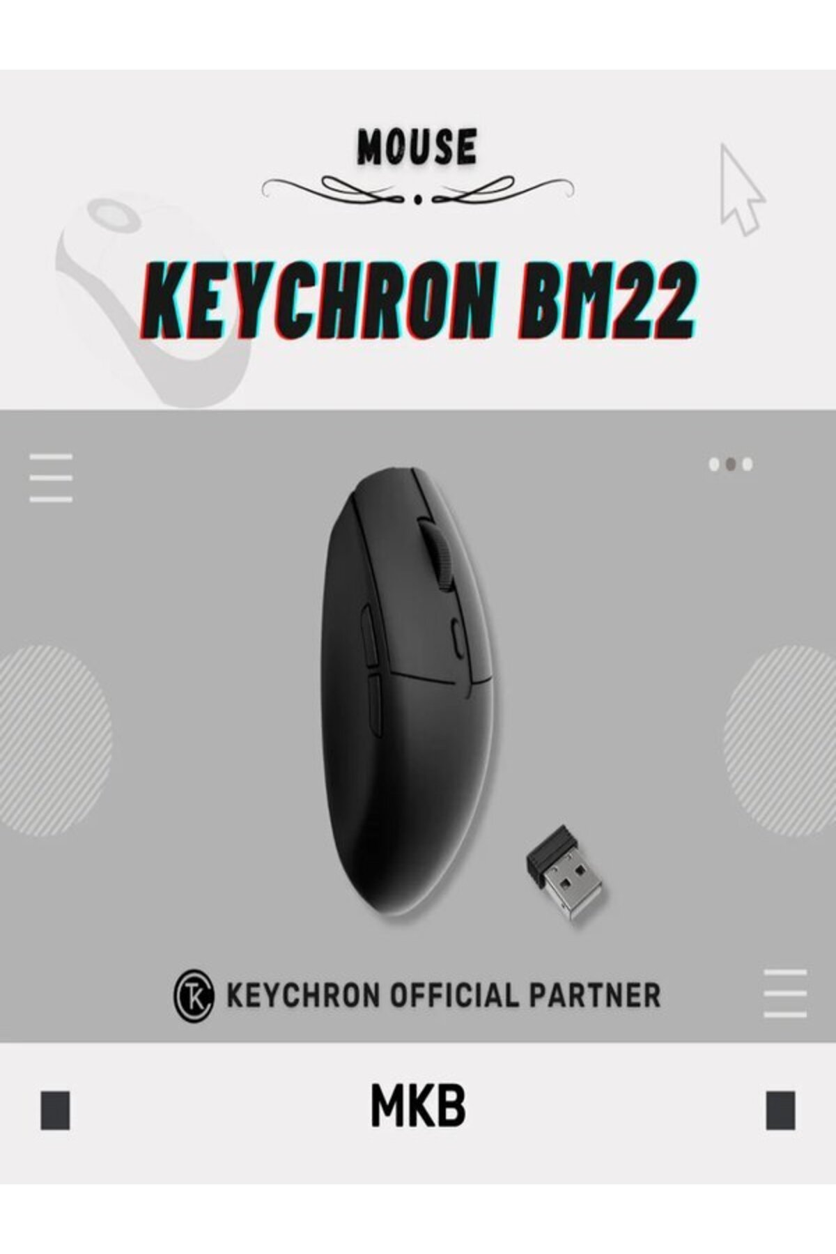 Czarna mysz bezprzewodowa z donglem USB, logo Keychron BM22.