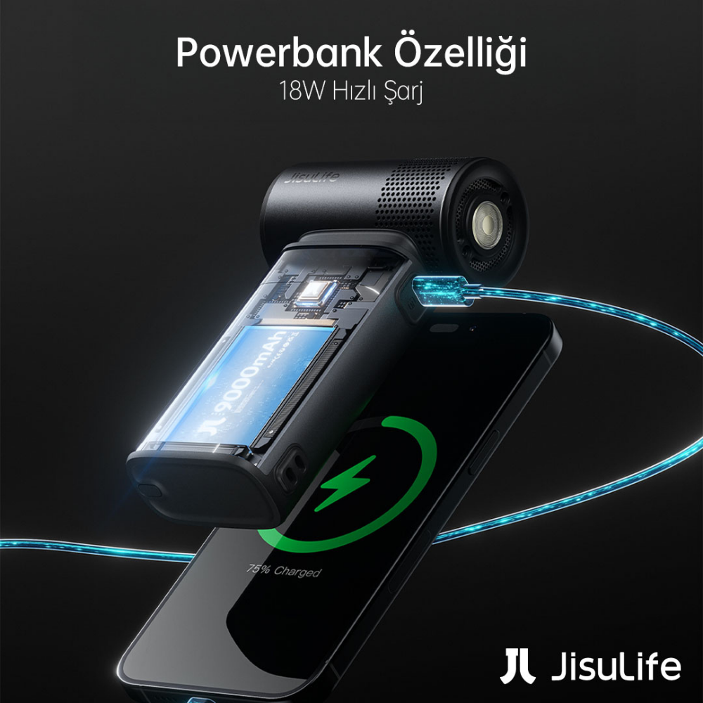 Powerbank carica uno smartphone, capacità 9000mAh, carica 75%.