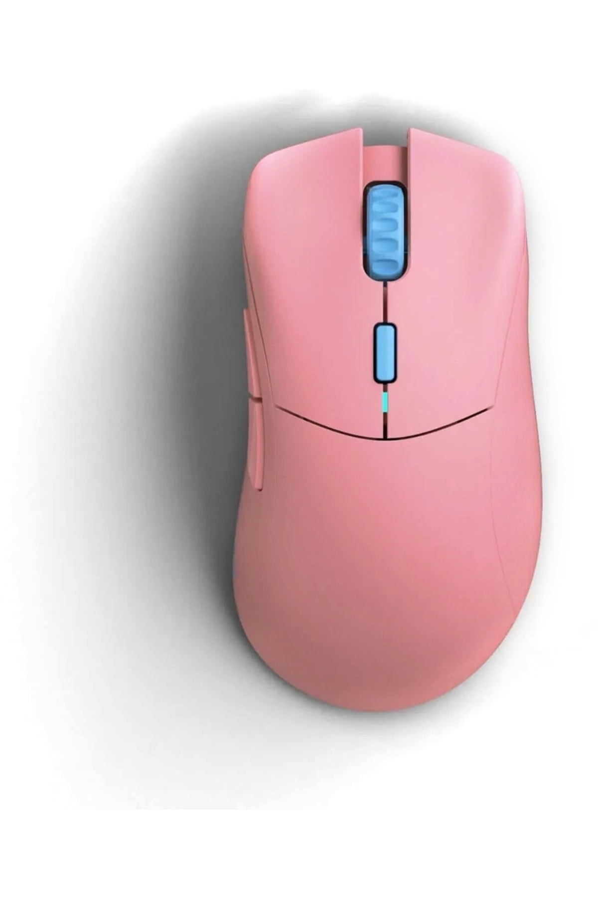 Beyaz arka plan üzerinde mavi düğmeli pembe oyuncu faresi.