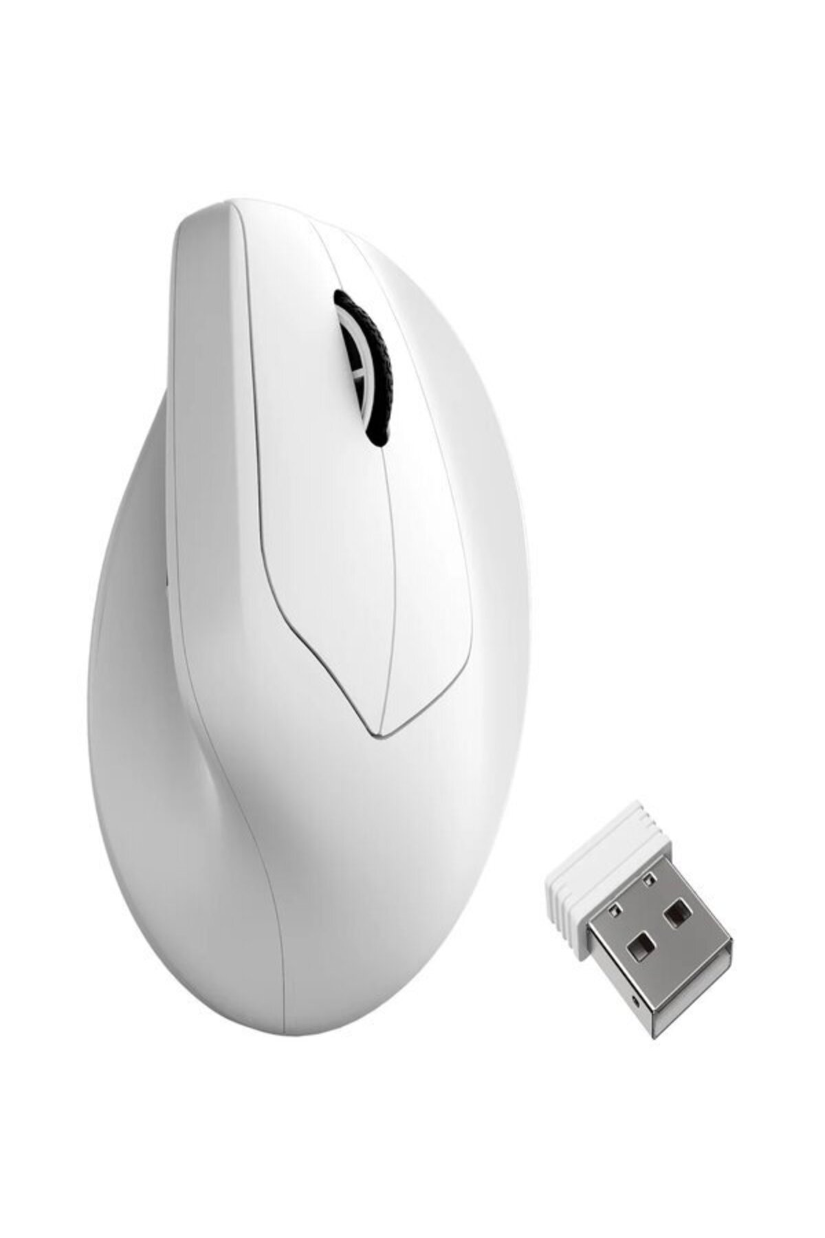 Biała pionowa mysz z kluczem USB na białym tle.