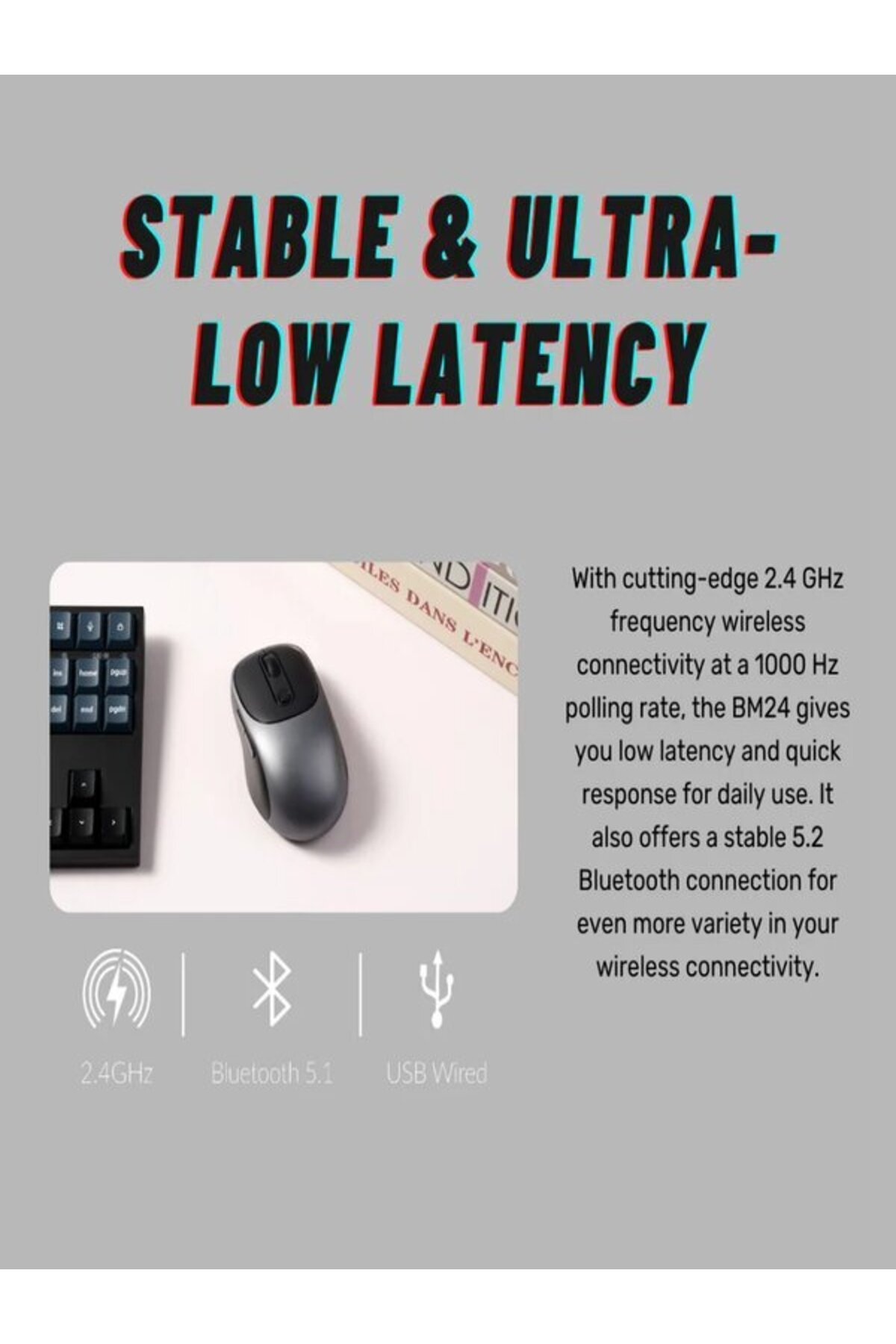 Szara mysz i klawiatura, z 2.4GHz, Bluetooth 5.1 i USB przewodowe.