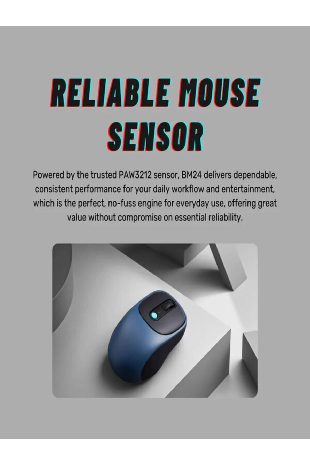 Niebieska mysz komputerowa z niebieskim światłem na szarym postumencie.