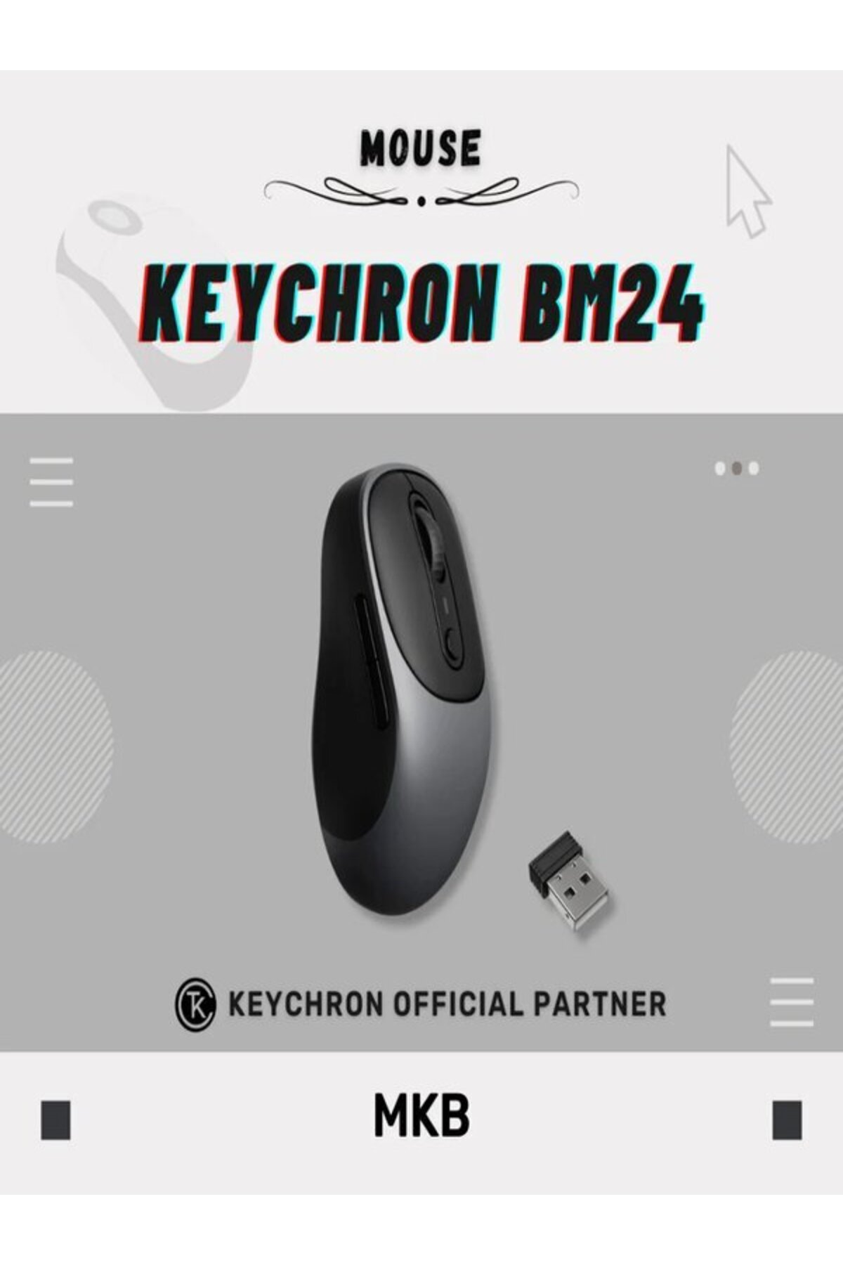 Szara i czarna mysz Keychron BM24 z donglem USB na szarym tle.