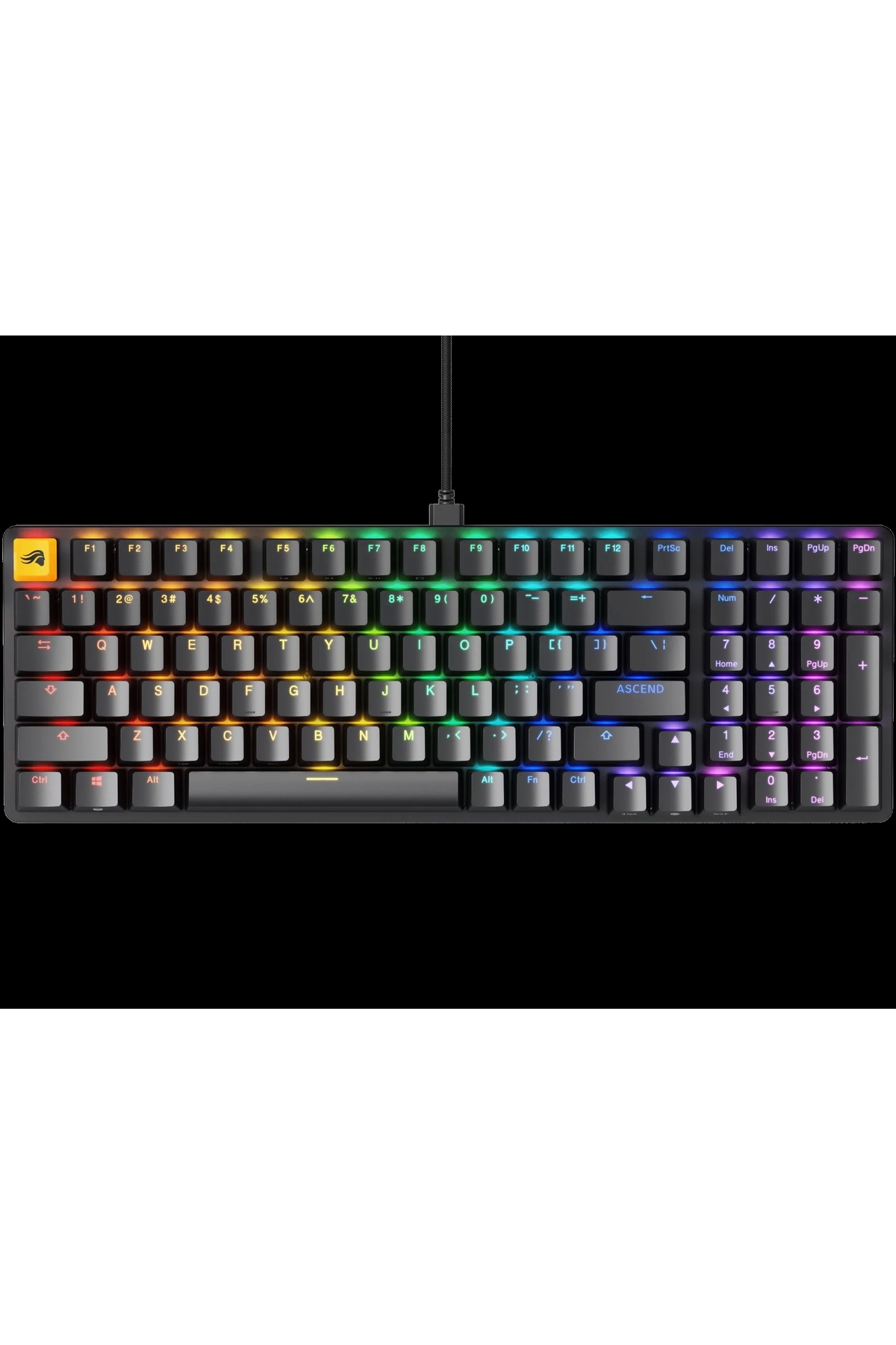 RGB arka aydınlatmalı ve kablolu siyah bir klavye.