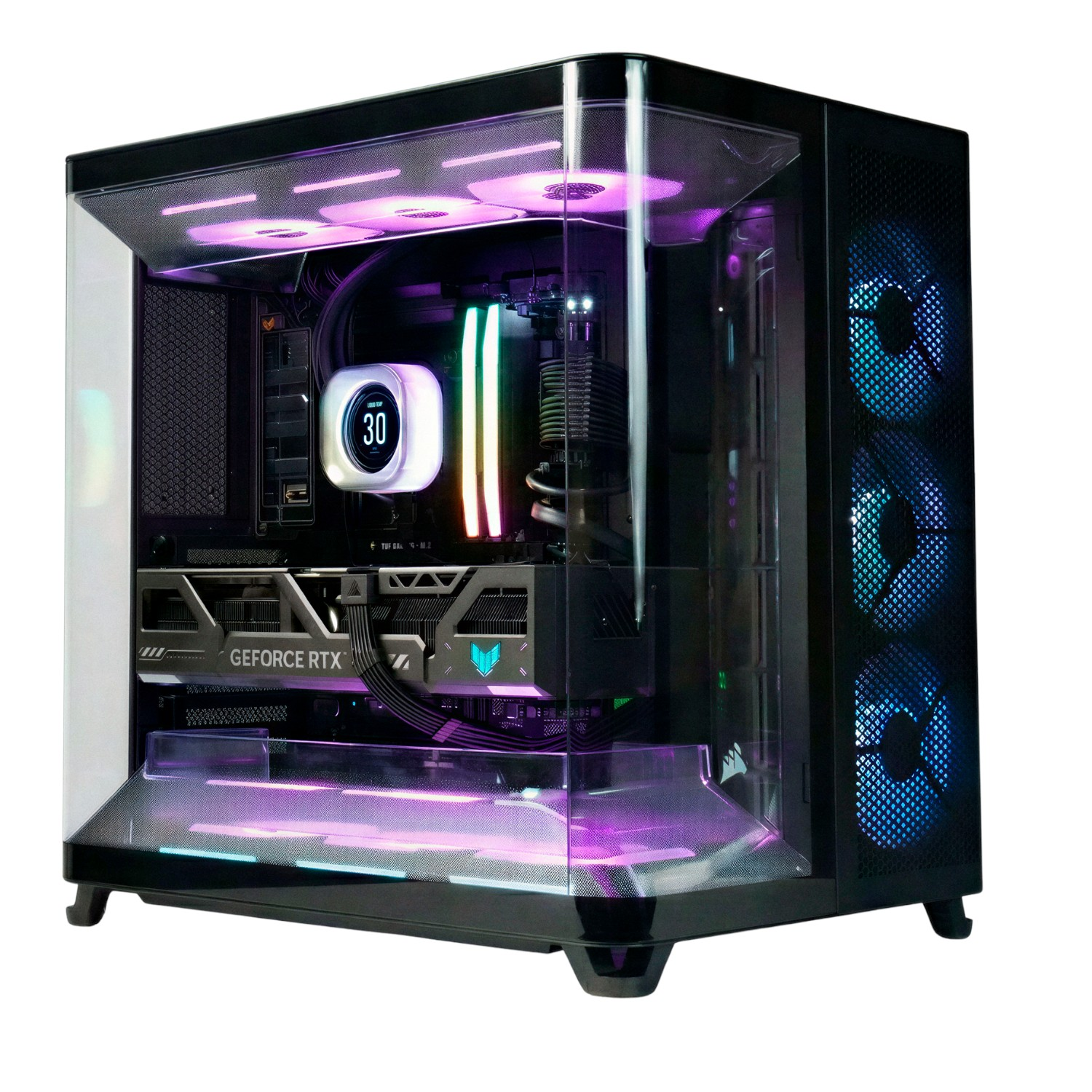 Un PC moderno con iluminación RGB y paneles laterales transparentes.