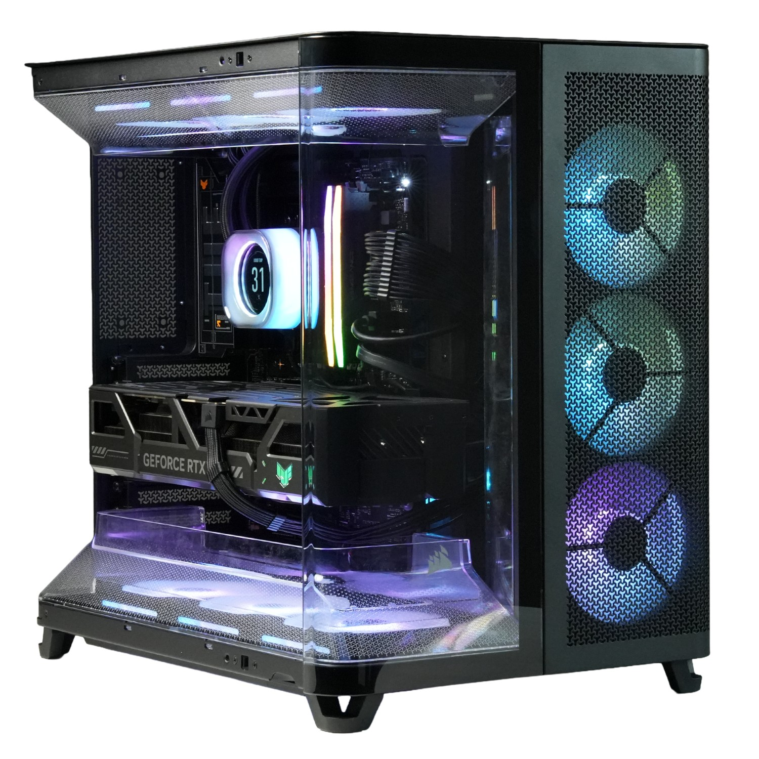 Un PC potente con ventiladores RGB y panel lateral transparente. Dentro, se ven tarjeta gráfica y refrigerador.