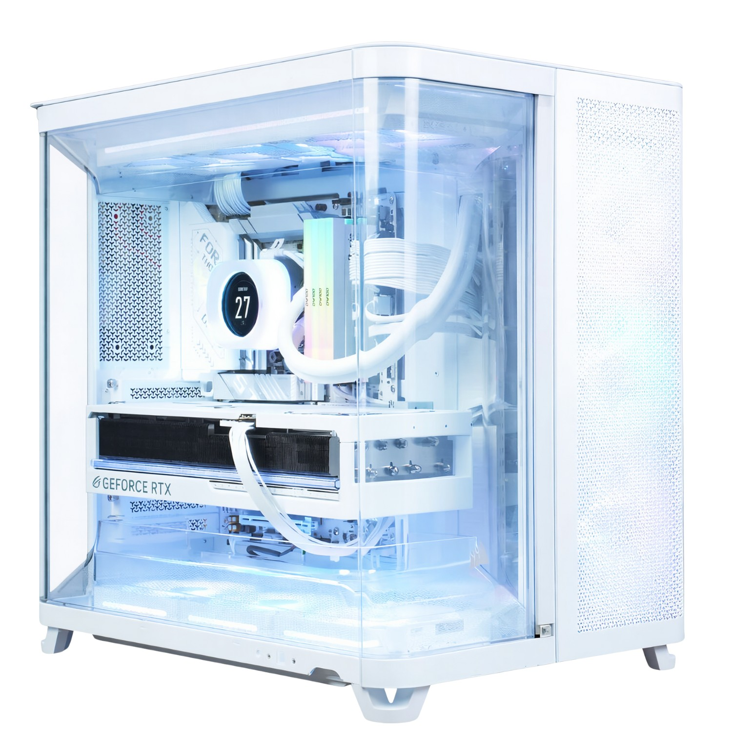 Un PC gaming blanco con frontal de cristal e iluminación RGB.
