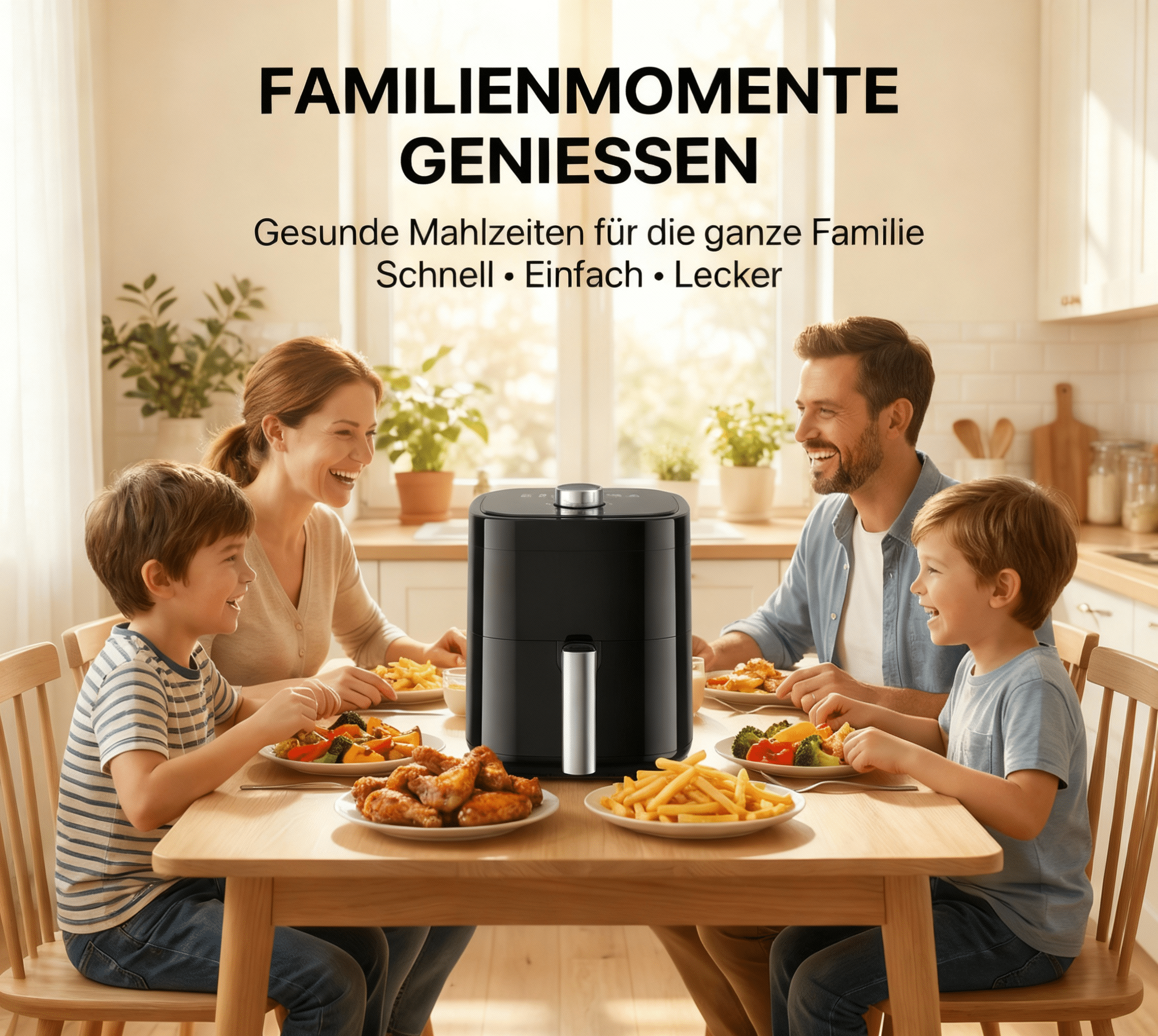 Familie isst am Tisch, Airfryer in der Mitte, Essen auf Tellern.
