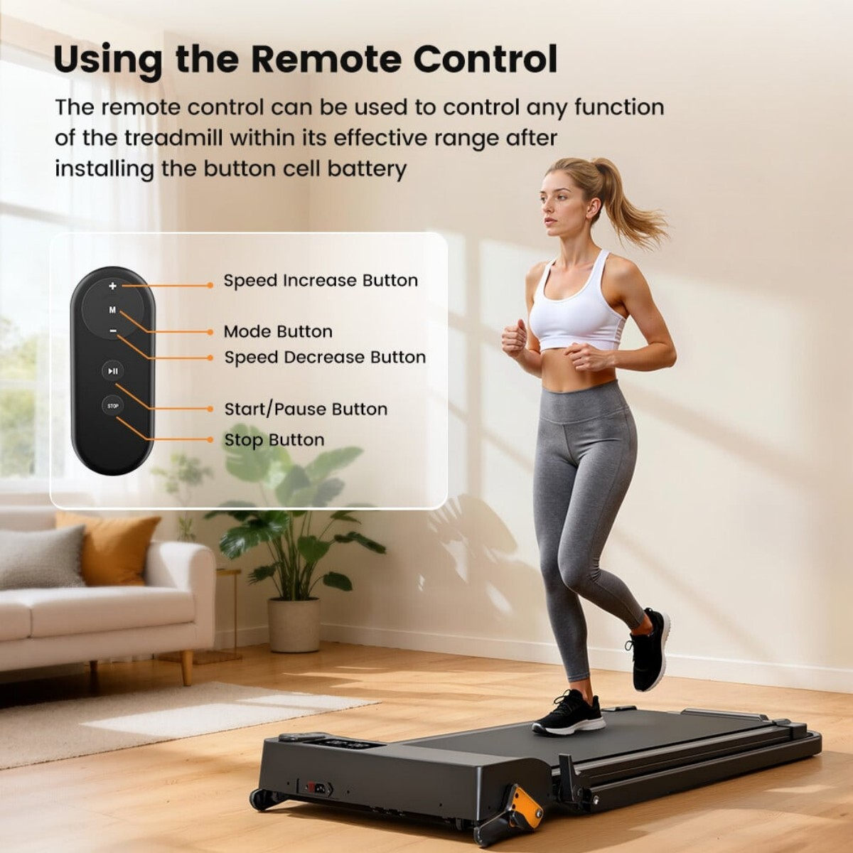 Kobieta biegnie na bieżni, pilot z etykietami przycisków na pierwszym planie.