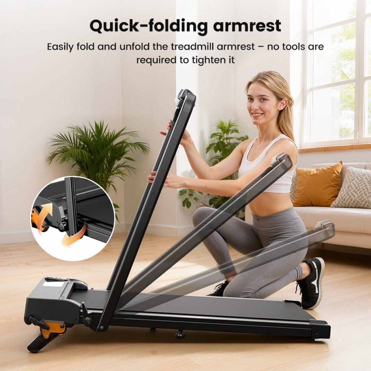 Kobieta składa bieżnię. Napis: "Szybko składany podłokietnik".