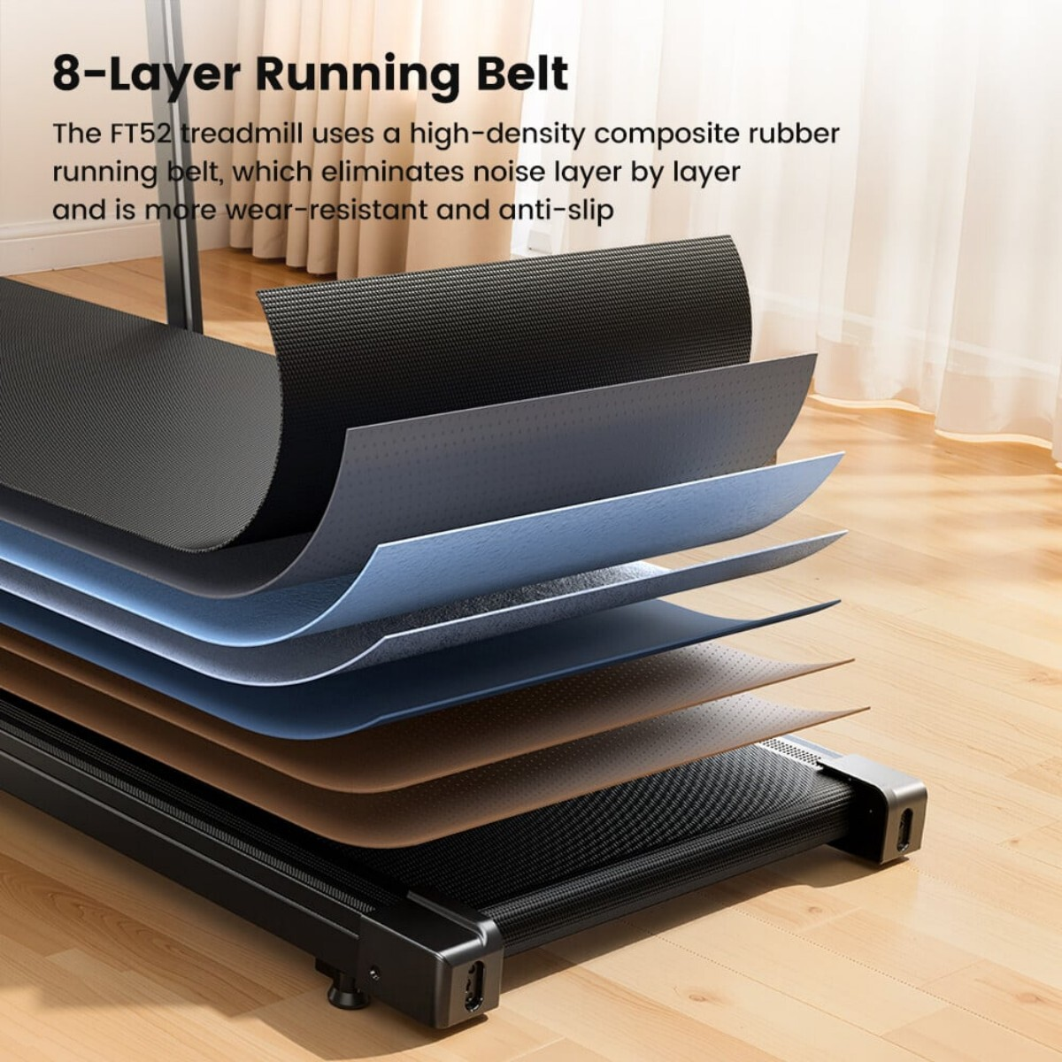 Widok rozstrzelony 8-warstwowego pasa bieżnego na czarnej bieżni, pokazujący warstwy materiału.