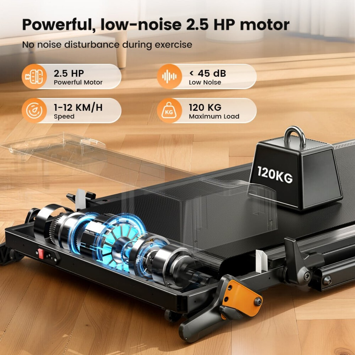 Bieżnia z silnikiem 2,5 KM, prędkość 1-12 km/h, obciążenie maks. 120 kg, niebieski silnik.