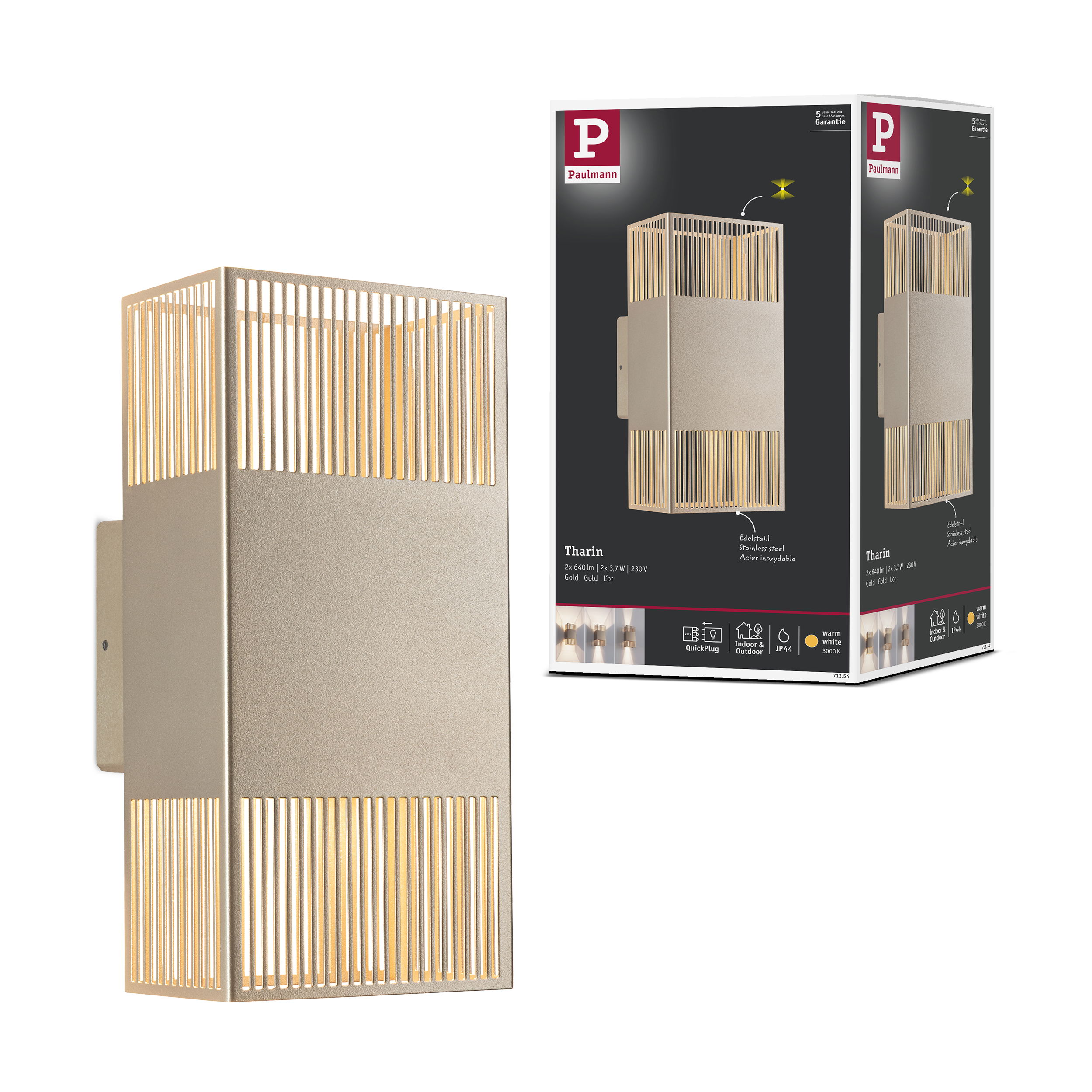 Złota lampa ścienna z pionowymi listwami i logo Paulmann.