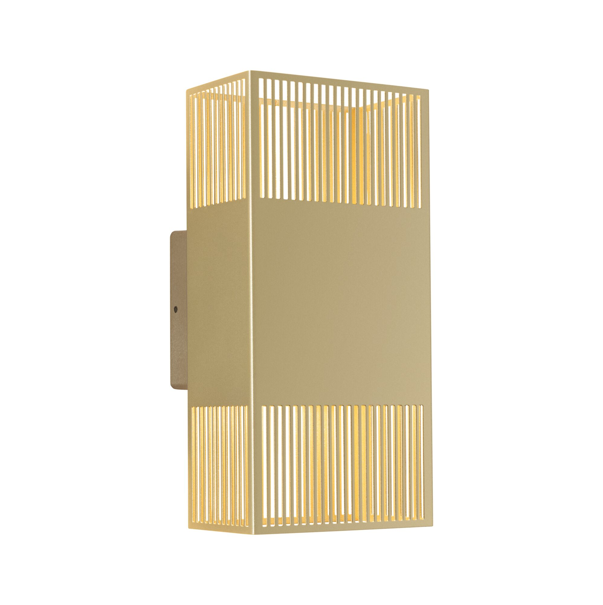 Złota lampa ścienna z pionowymi szczelinami emitująca ciepłe światło.